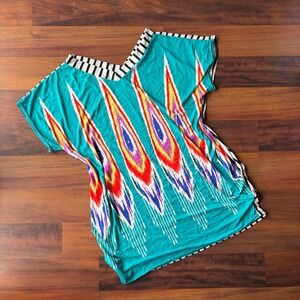 Prestige Edge Teal Ikat Print Striped V-Neck Oversized Tunic Top Festival Beach